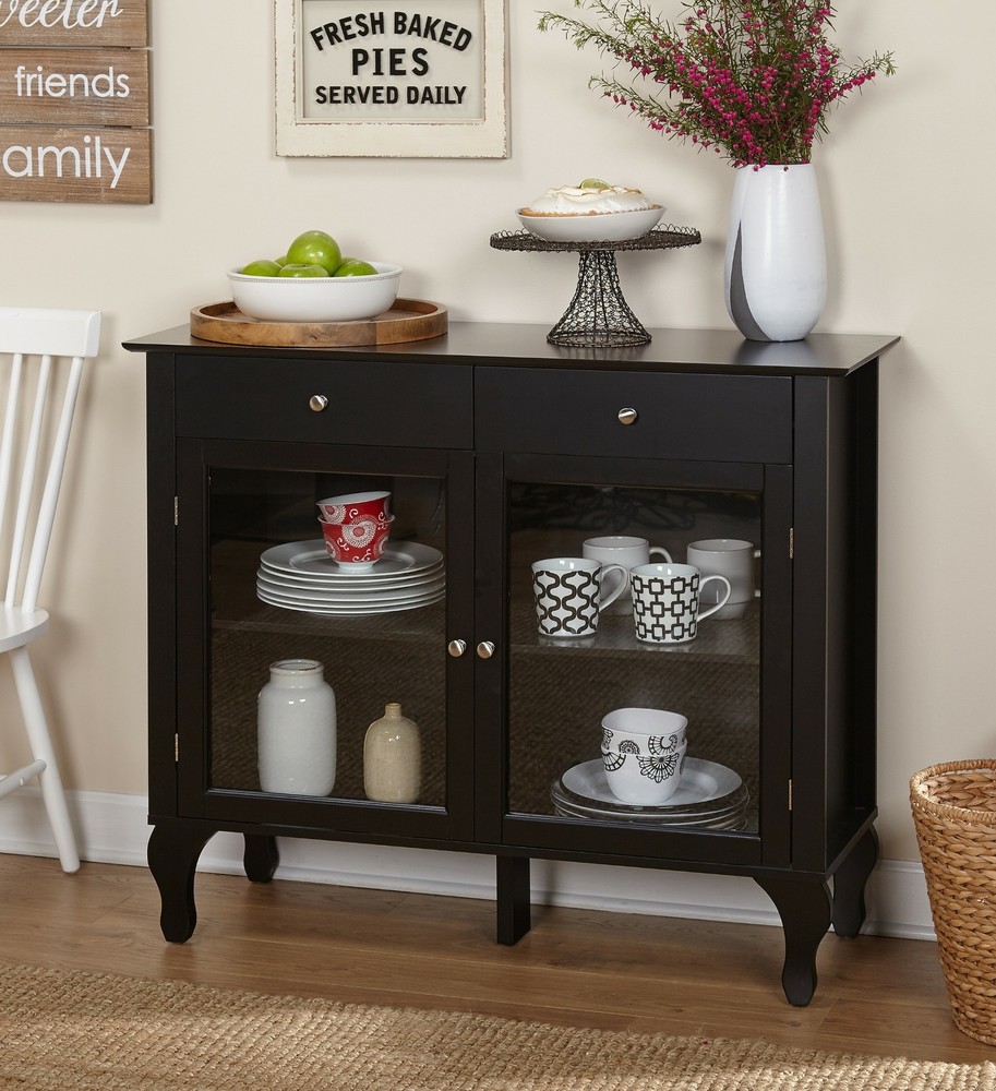 Black Wooden Buffet Console Server Storage Dining Curio Display Table Glass Door