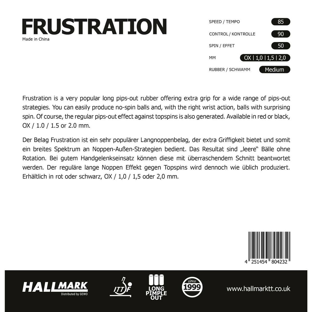 Hallmark long pips-out FRUSTRATION OX rubber
