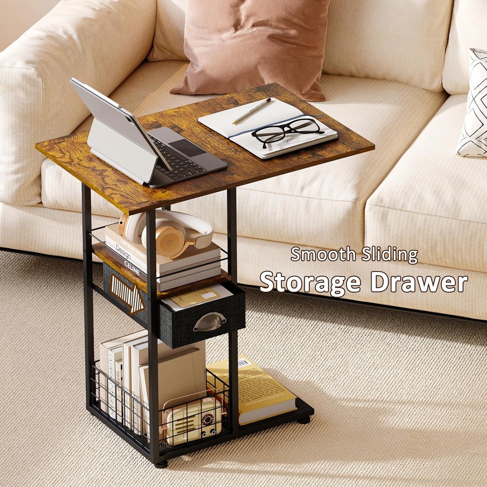 Rolling C-Shaped Side Table with Wheels and Oversized Wood Top, Mobile Overbed