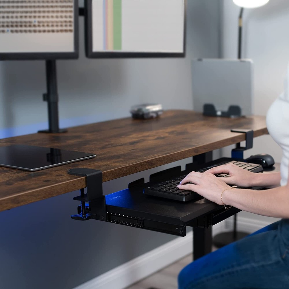 Large Keyboard Tray Under Desk Pull Out C Clamp Mount with Pencil Storage Drawer