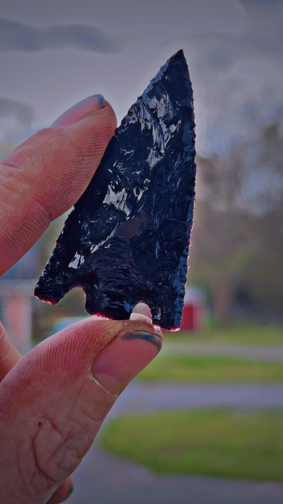 Flintknapped Black Glass Hernando Style Arrowhead, Very Nice