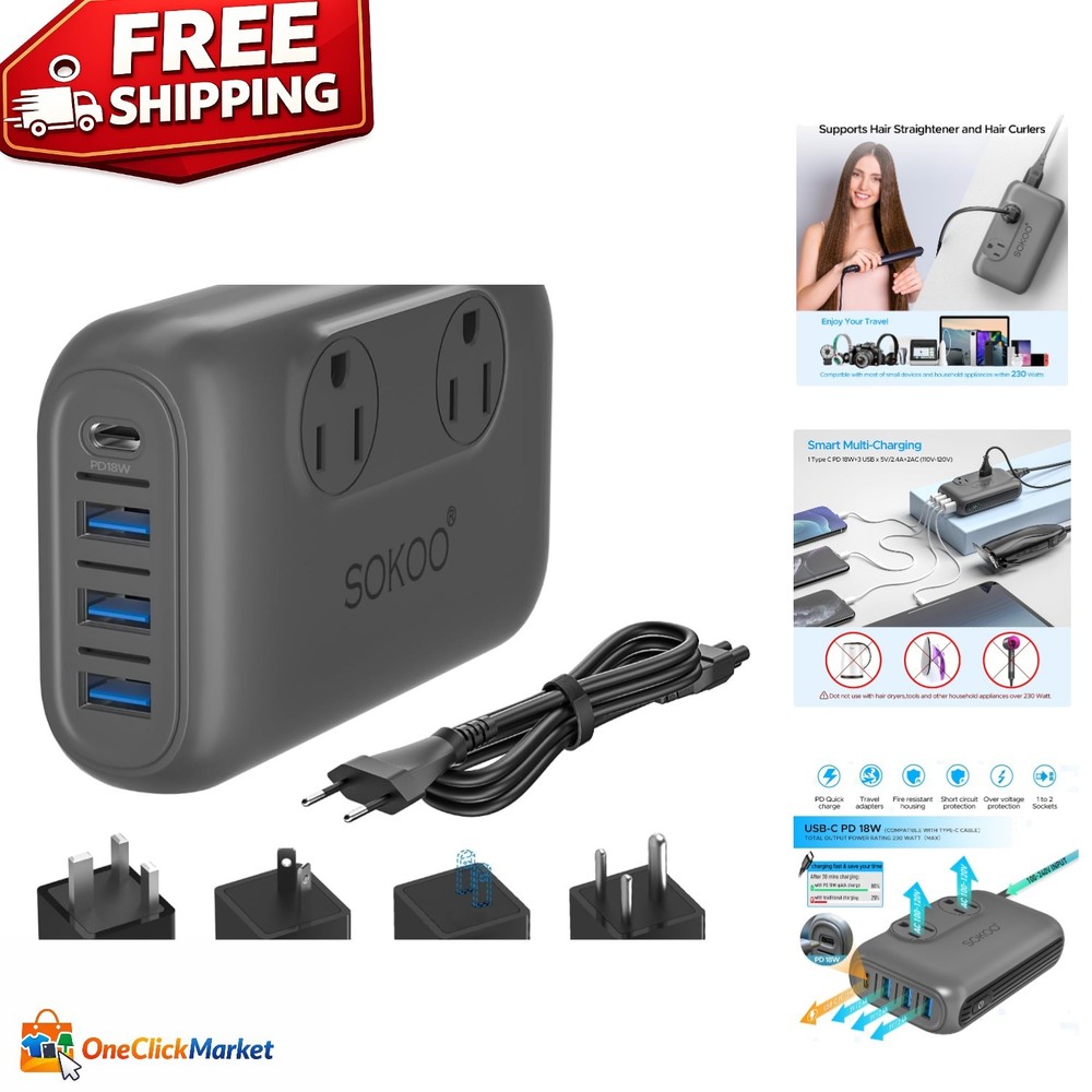 230W Voltage Adapter – Charges 6 Devices & Compatible with Multiple Nations