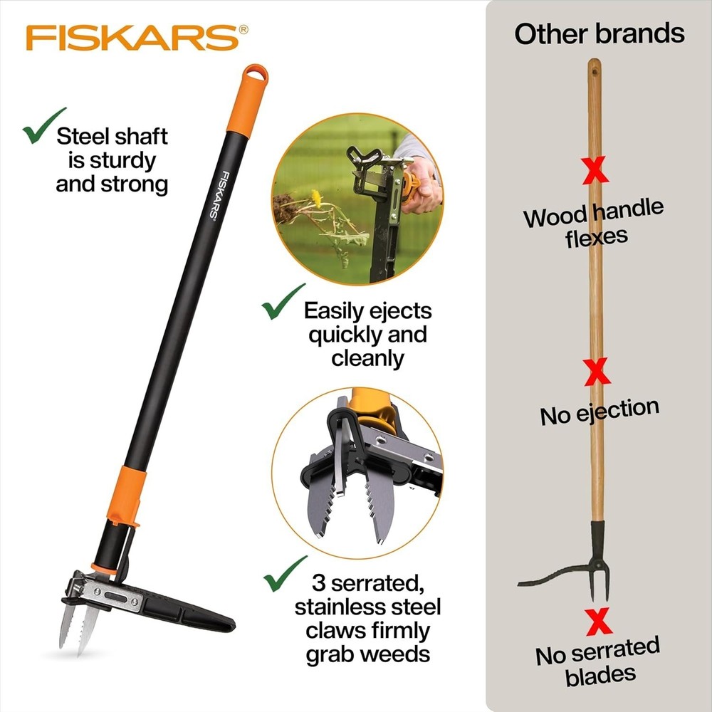 Fiskars 3-Claw Stand Up Weeder, 39" Long Ergonomic Handle with Easy-Eject NEW