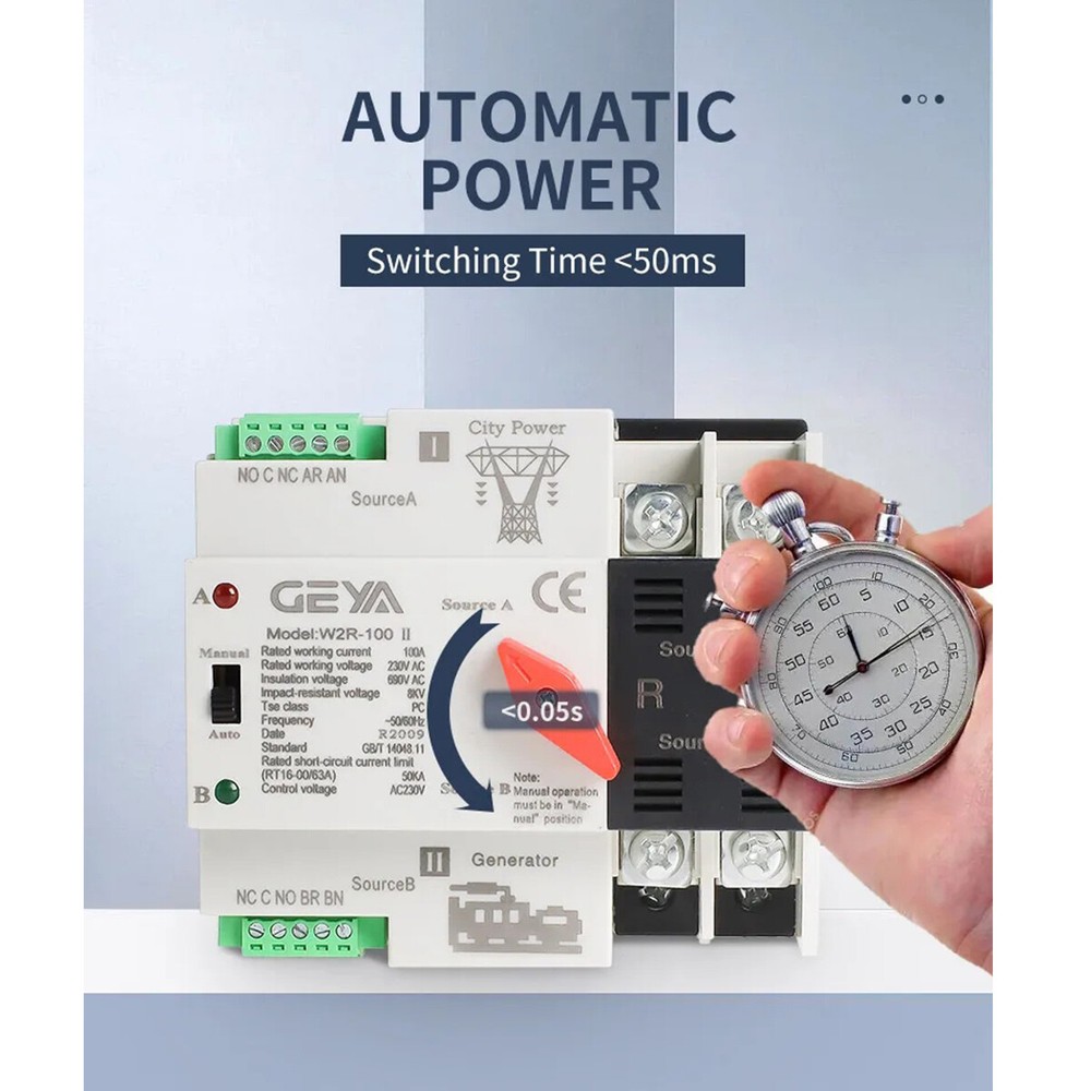 GEYA ATS PC Dual Power Automatic Power 4Pole 100A 220V Transfer Switch Grid NEW