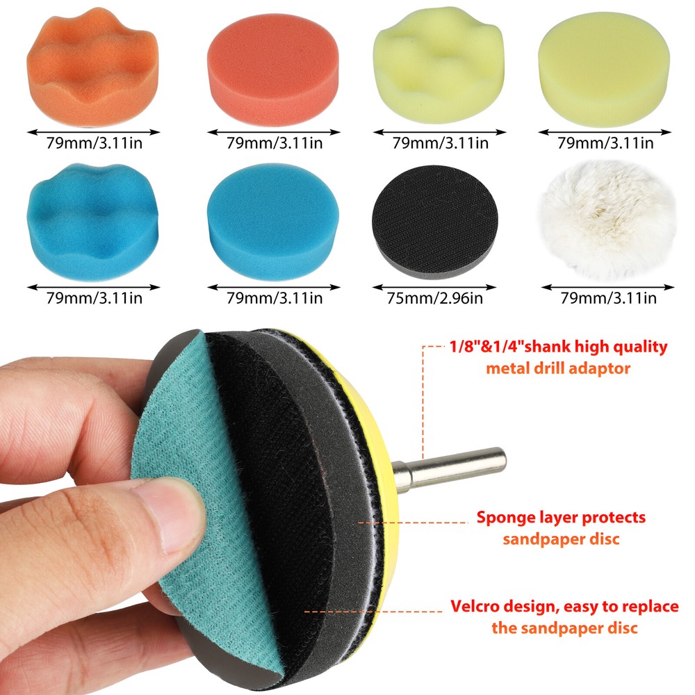 132Pcs 3" Sanding Discs Foam Buffering Sponge Pad Sander Paper + Drill Adapter