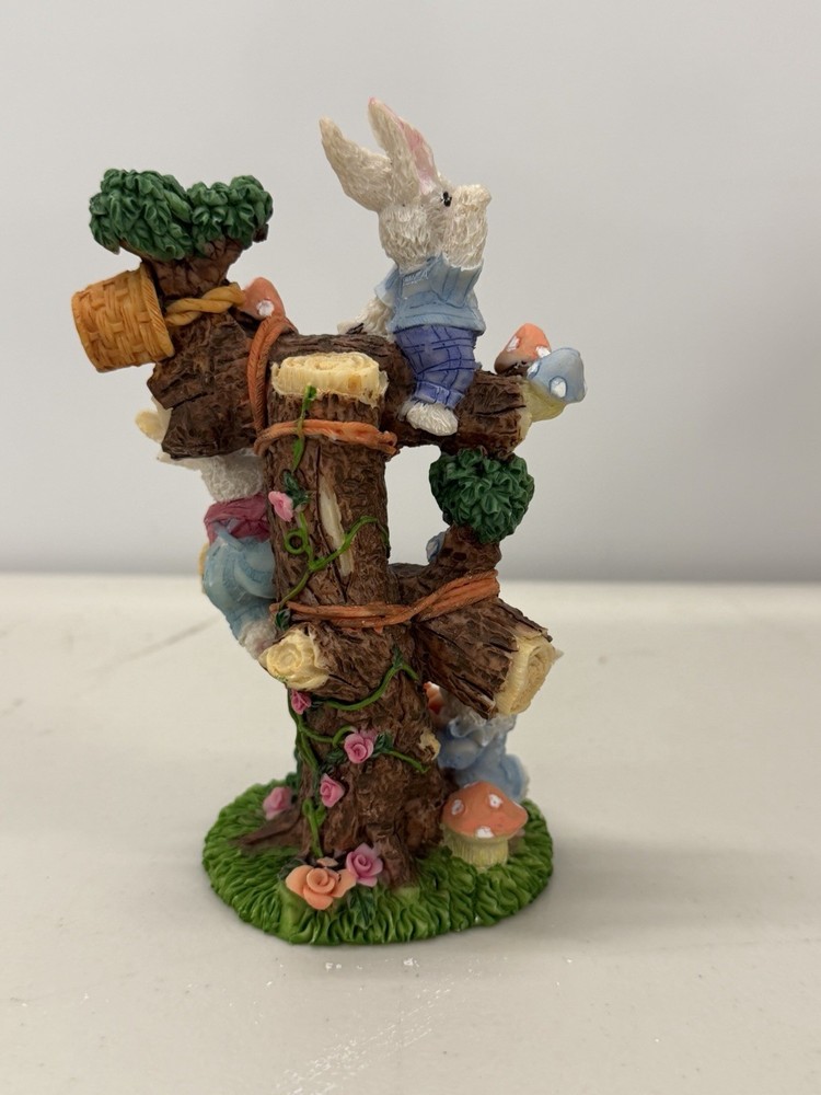 Easter Bunny Tree Figurine Rabbits Mushrooms Spring Decor Resin