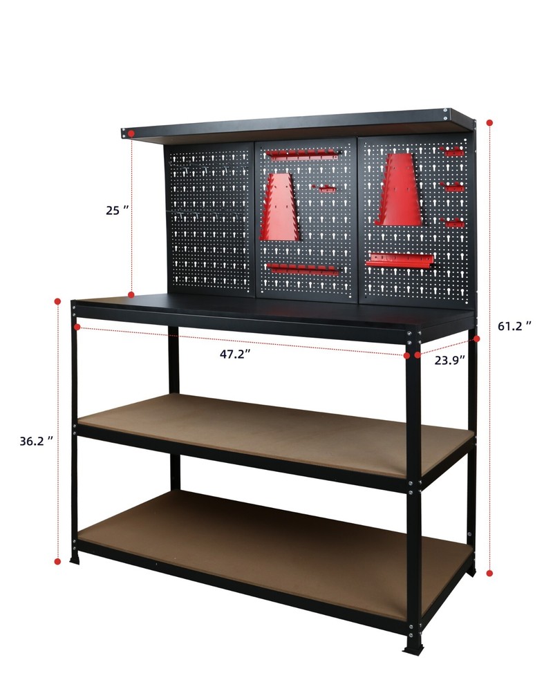 EXCITED WORK Three-Layer Heavy-Duty Steel Tool Workbench with Pegboard Shelves
