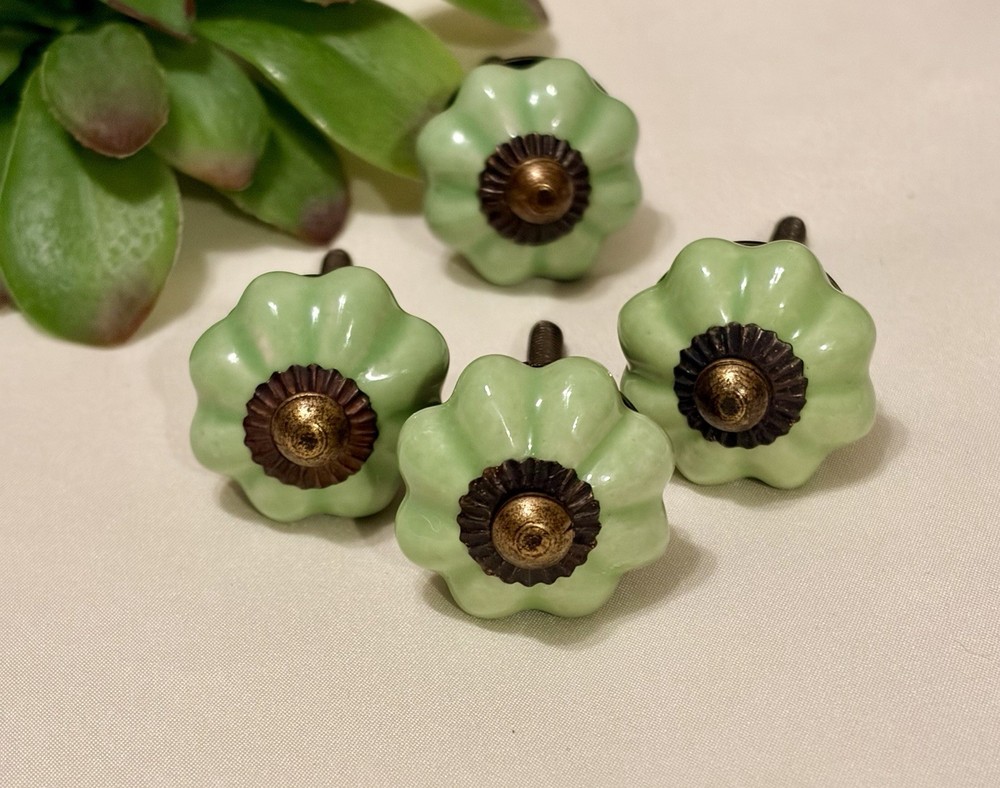 1 Light Green Ceramic Melon Knobs Antique Vintage Green Drawer Pulls