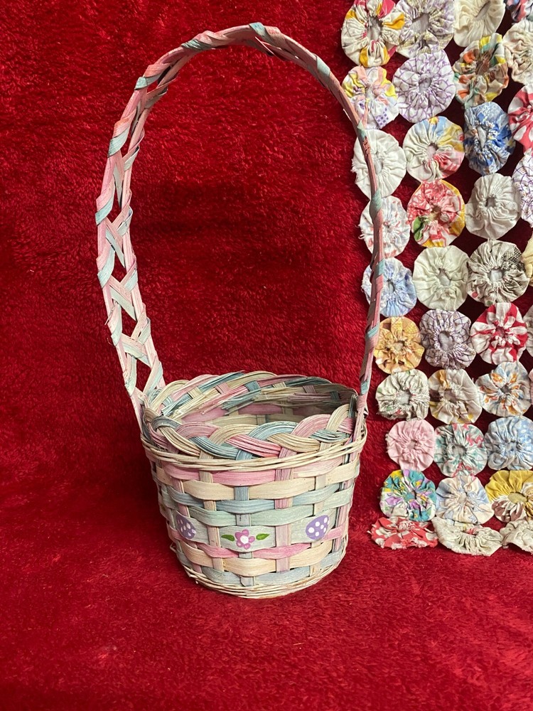 Small Pastel Basket with Painted Eggs and Flowers