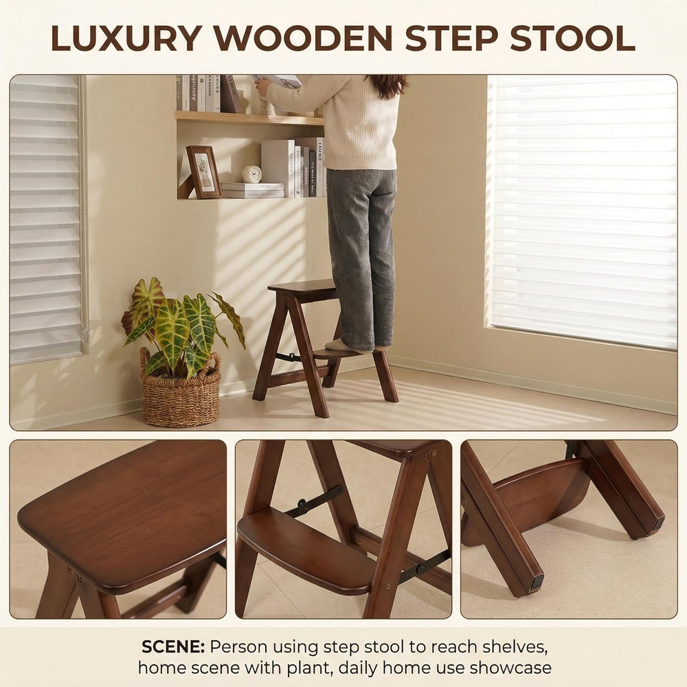 2 Step Stool Foldable- Bamboo Step Ladder, Small Folding Step Stool Cute