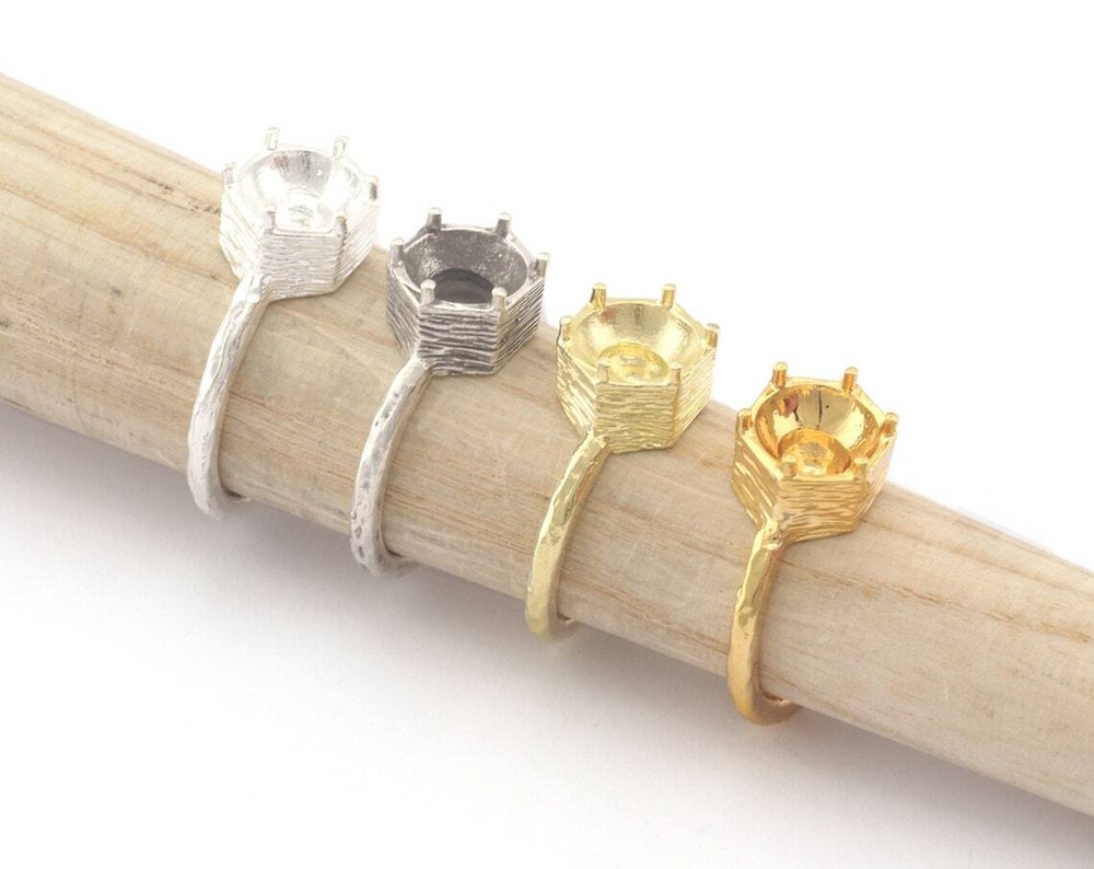 Hexagonal Brushed Edge Base Adjustable Ring Shiny Silver-Gold raw brass 4718