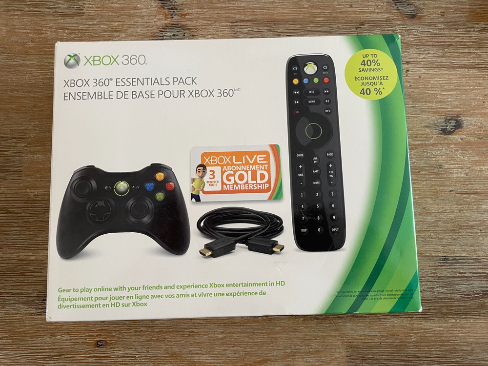 Xbox 360 Essentials Pack - Open box with new, unused controller, DVD remote