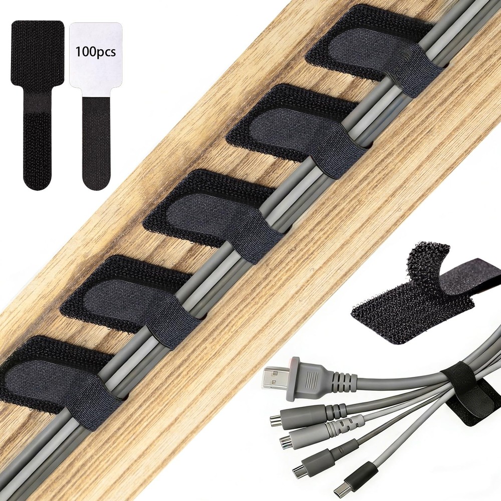 100 PCS Hook  Loop Cable Ties - Self-Adhesive Adjustable Cord Organizers, Black