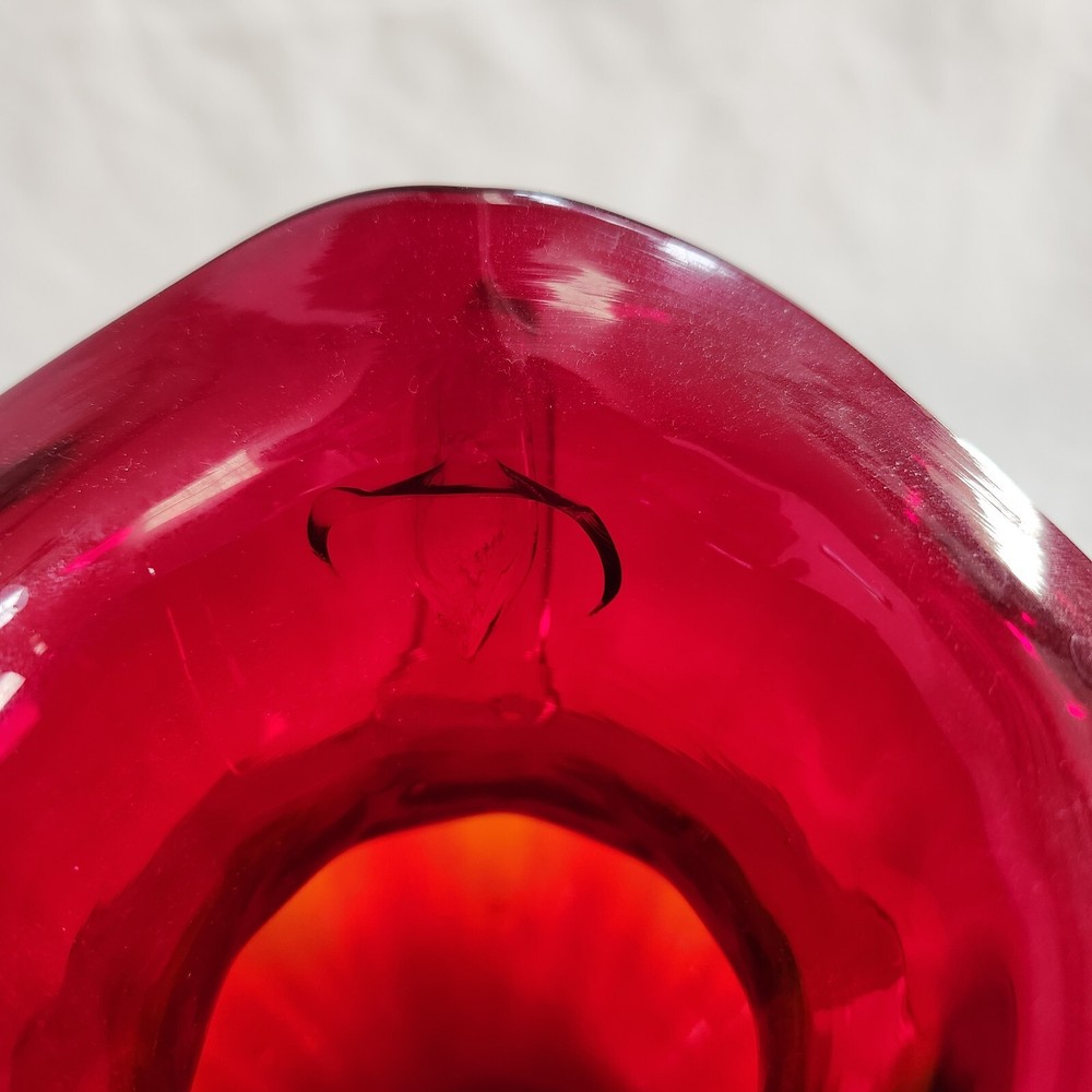 Vintage Ruby Red Small Pitcher Ruffle Top Art Glass Applied Clear Handle AS IS