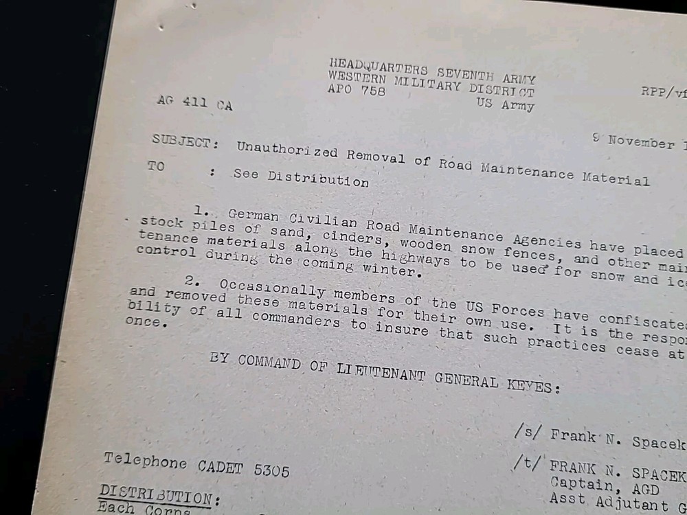 1945 Germany WWII US Army Military Document Unauthorized Removal Road Materials