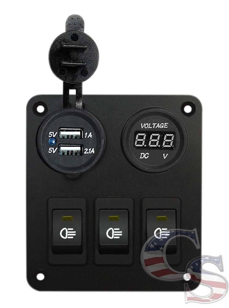 Amber 35A 3 Gang Car Rocker Switch Panel USB Socket Power Plug Voltmeter Charger