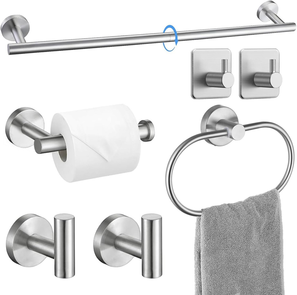 Silver Bathroom Accessories Set, 7 Pieces Silver Towel Bar Bathroom Hardware Set