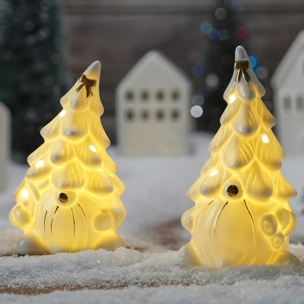 Lighted Christmas Gnome Tree, Faceless Old Man Ceramic Decor
