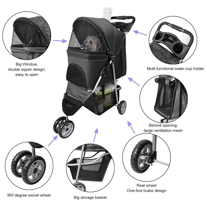 Pet Strollers 3-Wheel Dog Stroller Folding Flexible for Small Medium Dog & Cat