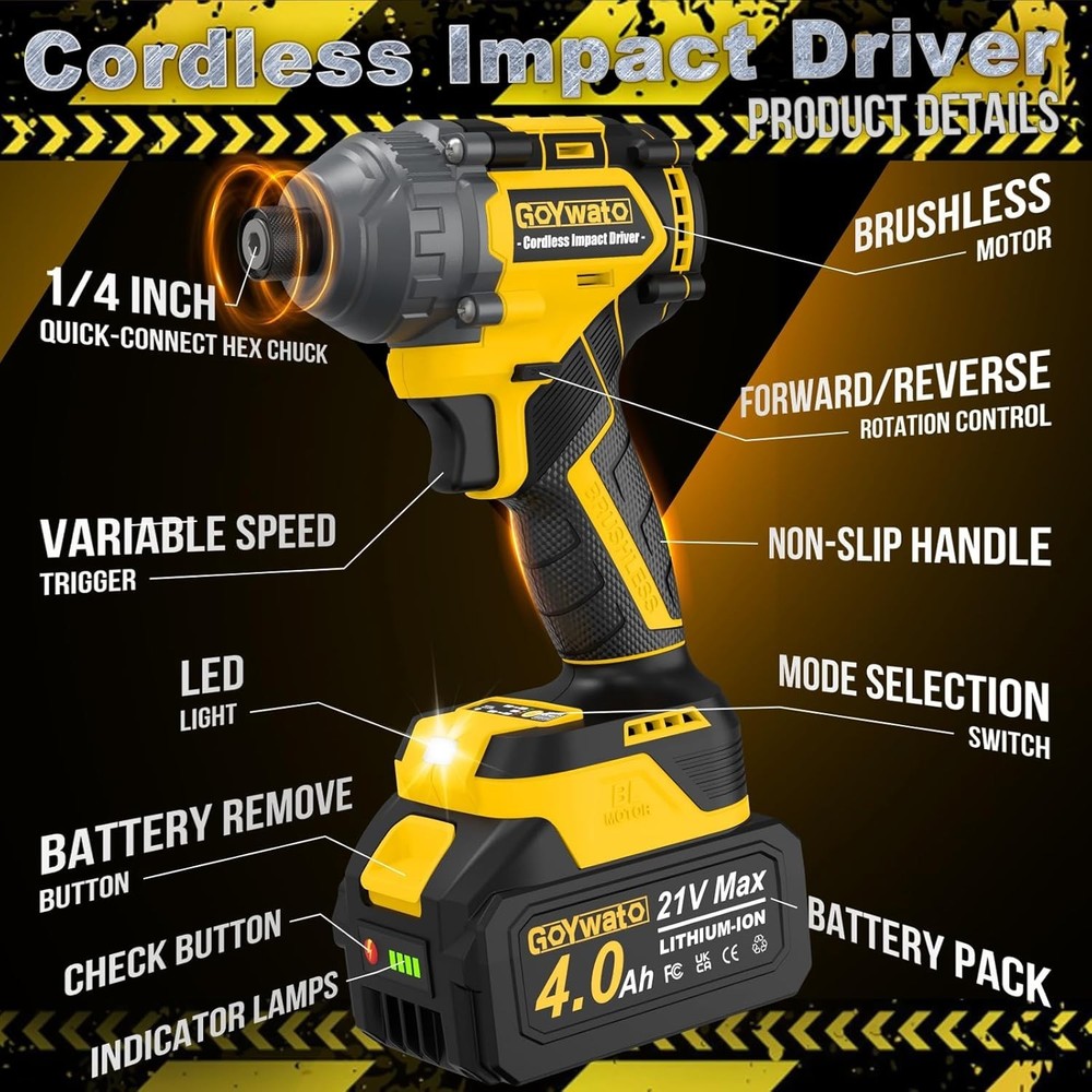 Powerful Brushless Cordless Impact Driver - 2 Batteries & 14 Socket Set