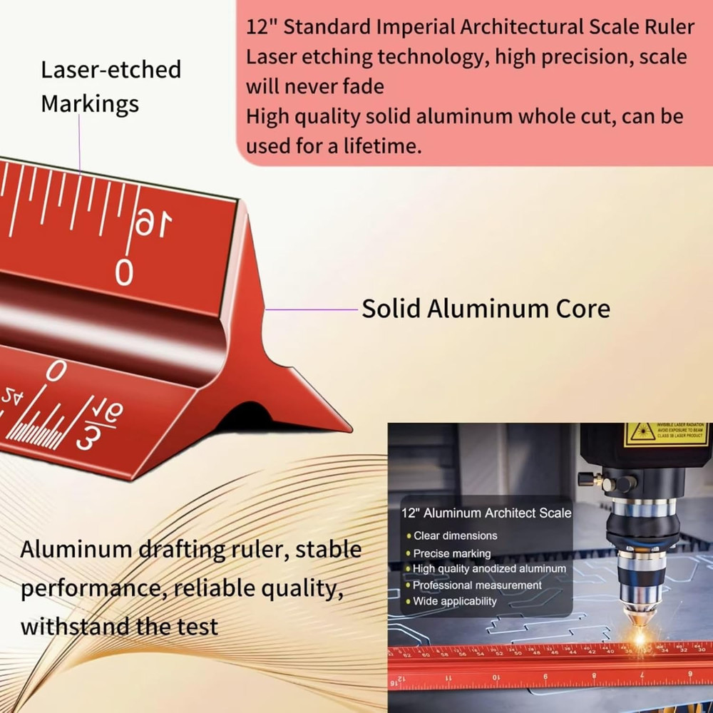 Architectural Scale Ruler, 12'' Imperial Architect Scale, Aluminum Engineer Scal