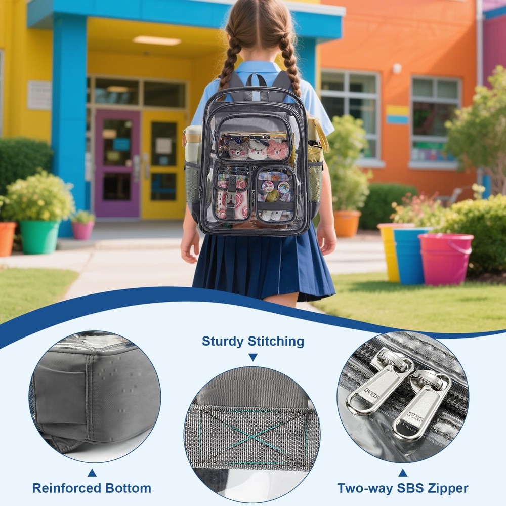 Grey Clear Backpack Heavy Duty Large Transparent Bookbag Multiple Pockets