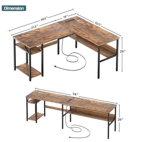 L Shaped Computer with Magic Power Outlets and USB Charging Desk Rustic Brown