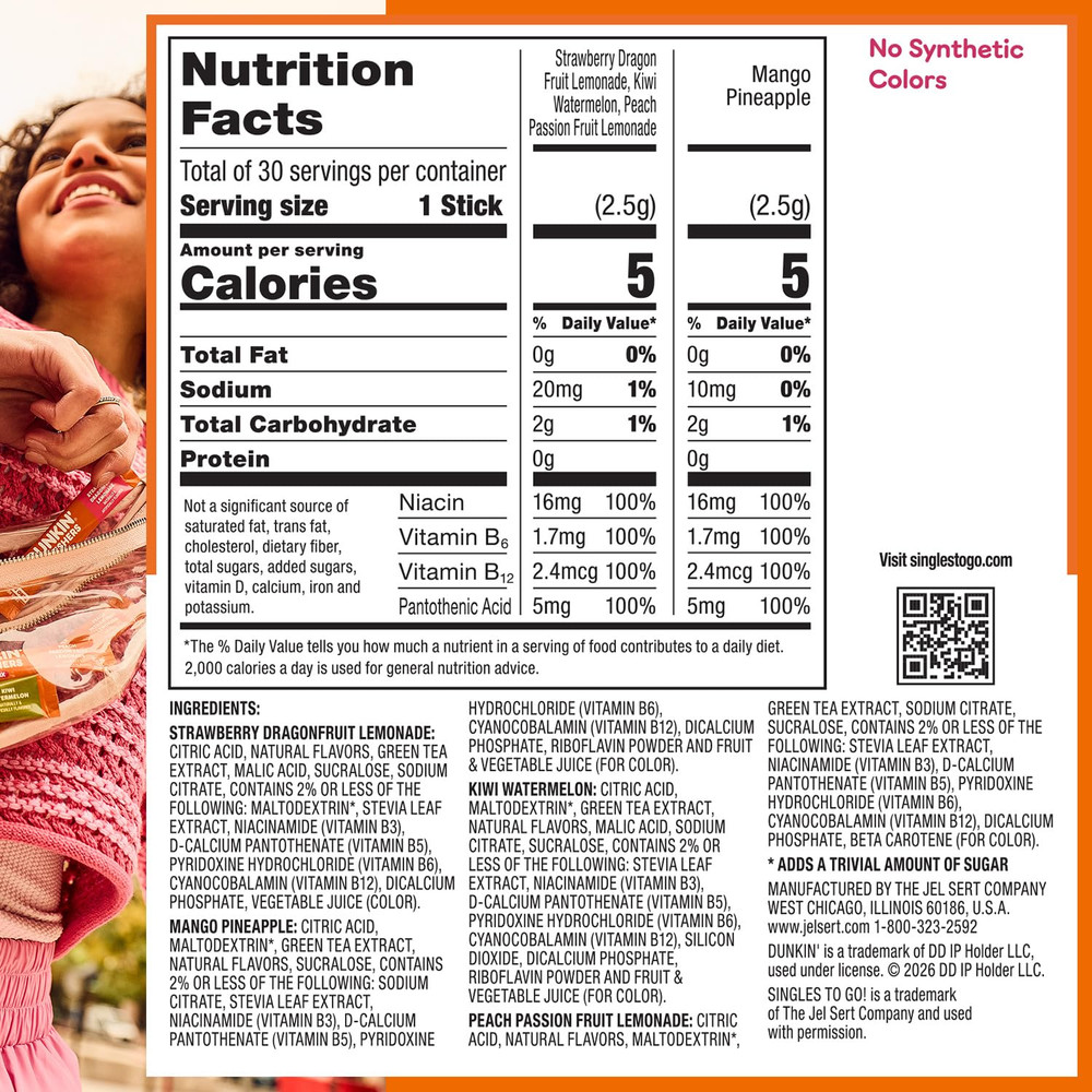 Dunkin’ Zero Sugar Refreshers Powdered Drink Mix Packets, 30 Ct Variety Pack, 3