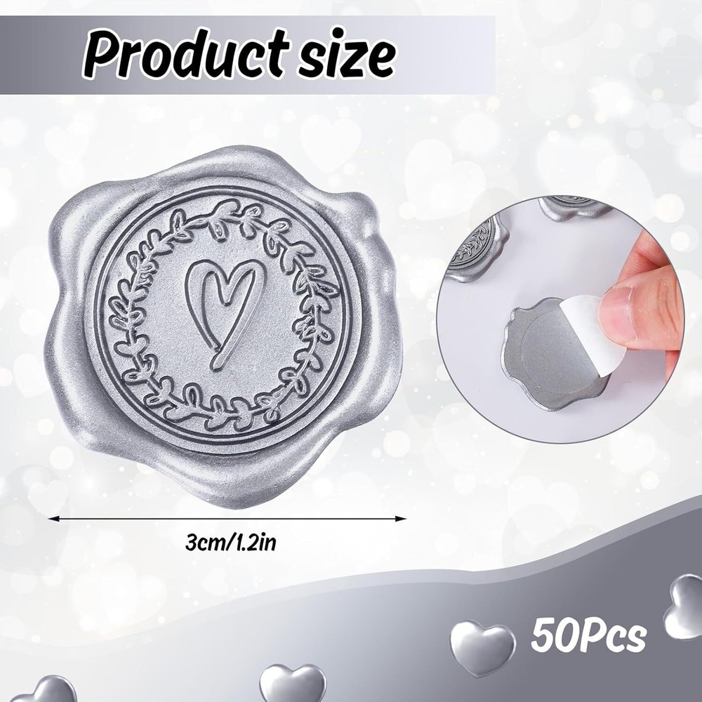 Whaline 50Pcs Embossed Wax Seal Stickers Silver Heart Pattern Envelope
