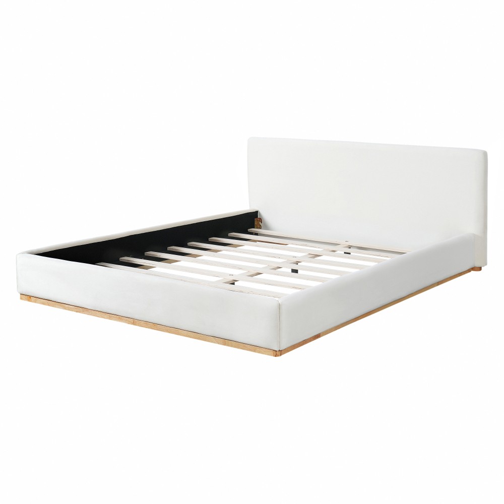 White Velvet King Bed Frame with Solid Wood Headboard & Footboard, Free Ship