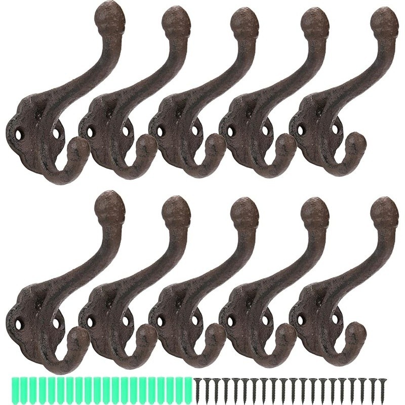 10 Pack Heavy Duty Cast Iron Double Hook Wall Mount Coat Hooks Home Storage New
