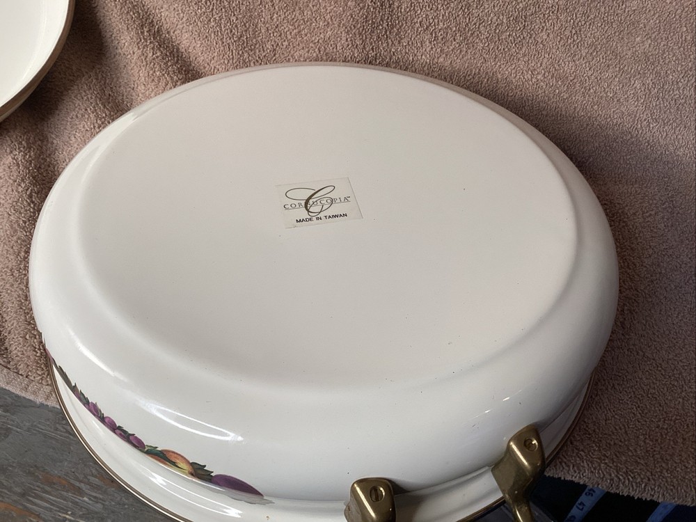 Cornucopia Lidded Serving Dish w/saucepan handles fruit pattern vintage