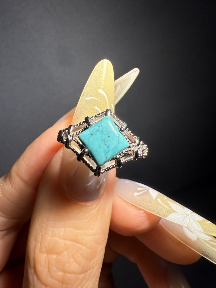 Natural Hubei Turquoise Square Ring / Silver- plated/adjustable
