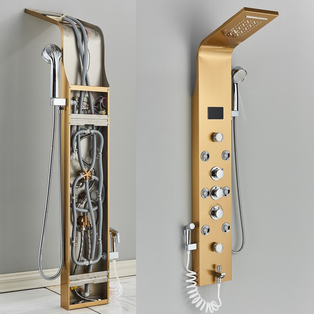 Gold Stainless Steel Shower Panel Tower System LED Rainfall Massage Jet Sprayer