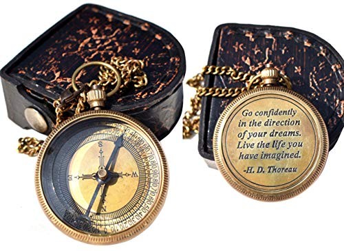 Solid Brass Thoreau's Go Confidently Quote Engraved Compass with Wooden Box,