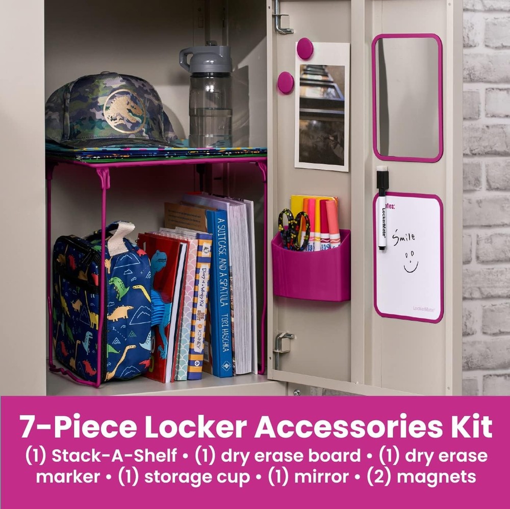 7-Piece Locker Organizer Kit, Includes Locker Shelf, Mirror, Whiteboard,, Pink