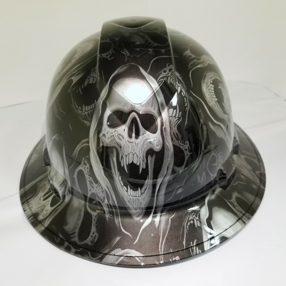 FULL BRIM Hard Hat custom hydro dipped SILVER  AND BLACK GRIM REAPER SKULL