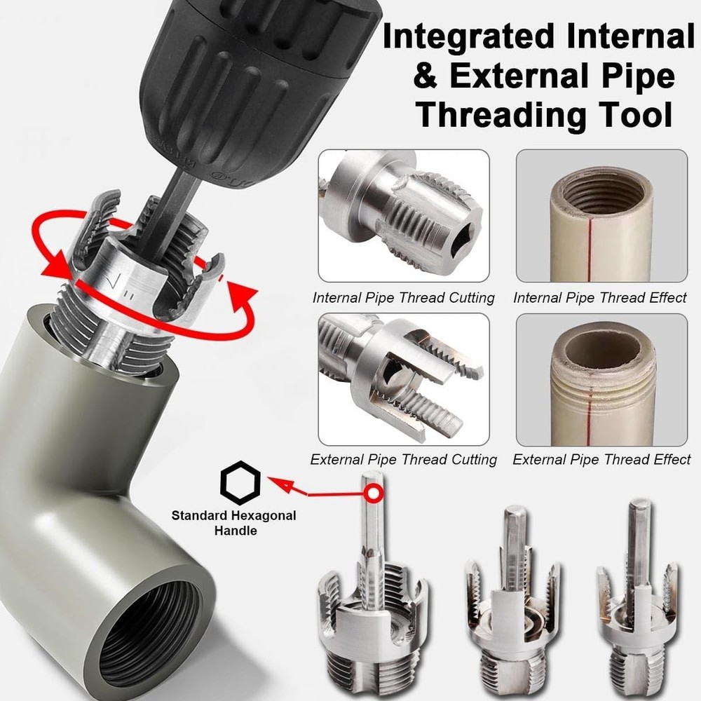 3Pcs PVC Pipe Threader Kit 1/2" 3/4" 1" NPT Integrated Internal External