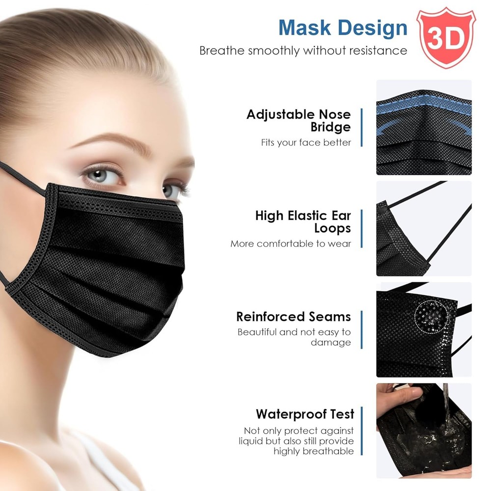Black Disposable Face Masks 50PCS 3 Ply