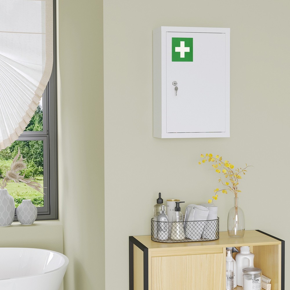 Wall Medicine Cabinet with Lock, Lockable Wall Cabinet, White
