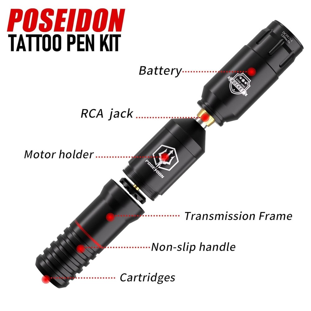 POSEIDON Complete Tattoo Kit for Beginners - Wireless Pen & Practice Supplies