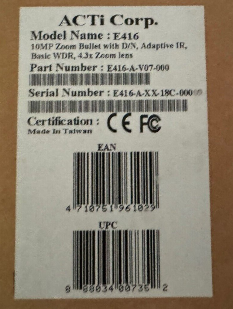 ACTi Zoom Bullet Camera, Model E416-New