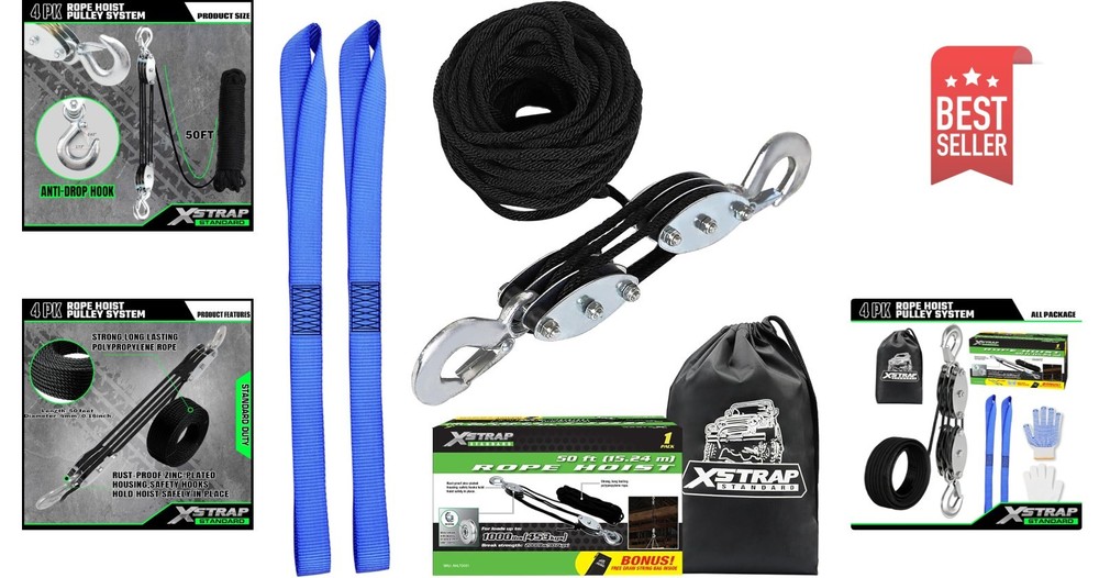 Efficient 50 FT Block & Tackle Pulley System with Soft Loops - 2000 LB Strength