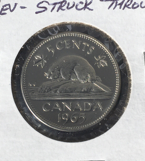 Canada 5c Nickel 1965 ERROR Reverse Struck Through Wire