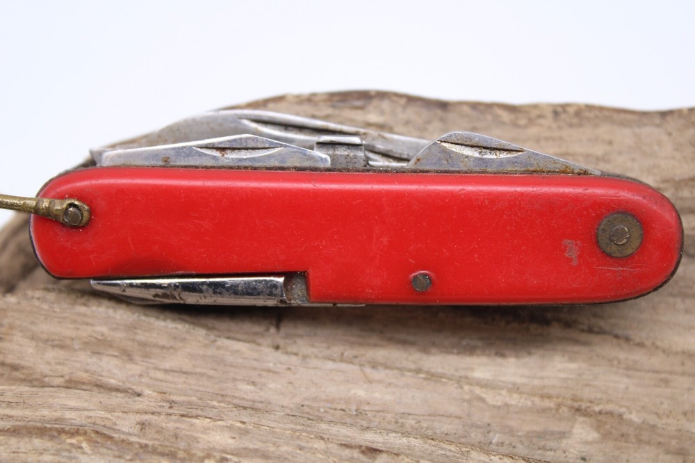 INTERPUR 2 BLADE 8 TOOLS RED PLASTIC HANDLE POCKET KNIFE 3.5" CLOSED (KB4)