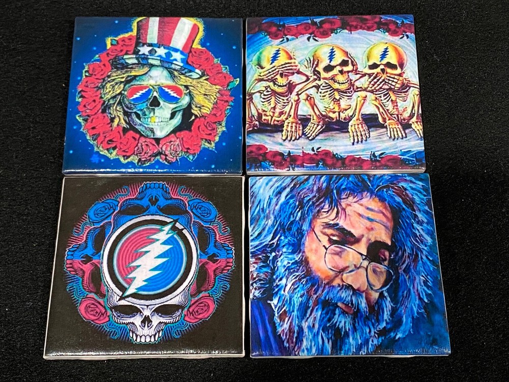 Set of 4 Grateful Dead Ceramic Table Waterproof Cork Back Coasters.