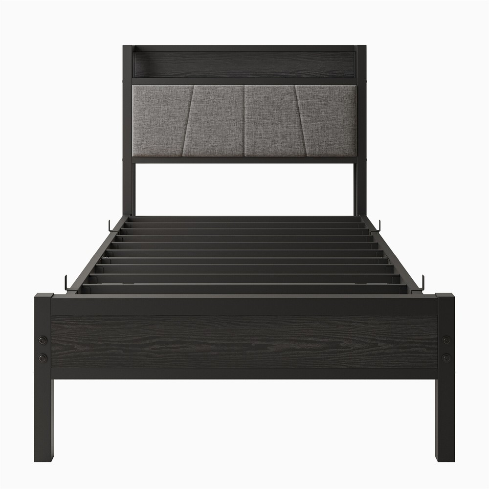 Twin/Full Size Bed Frame Metal Platform Bed Frame w/ Storage Headboard Black