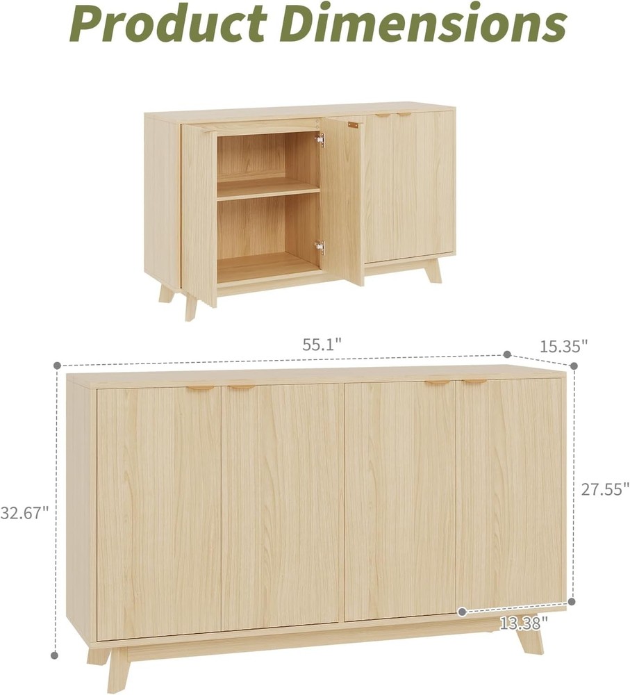 55.1" Sideboard Buffet Cabinet with Storage, Modern Fluted Accent Credenza