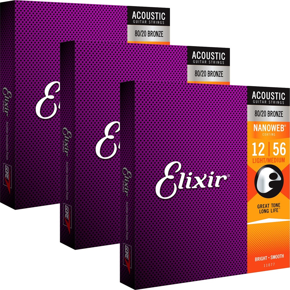 3 Sets Elixir 11077 NANOWEB 80/20 Light Medium Acoustic Guitar Strings 12-56