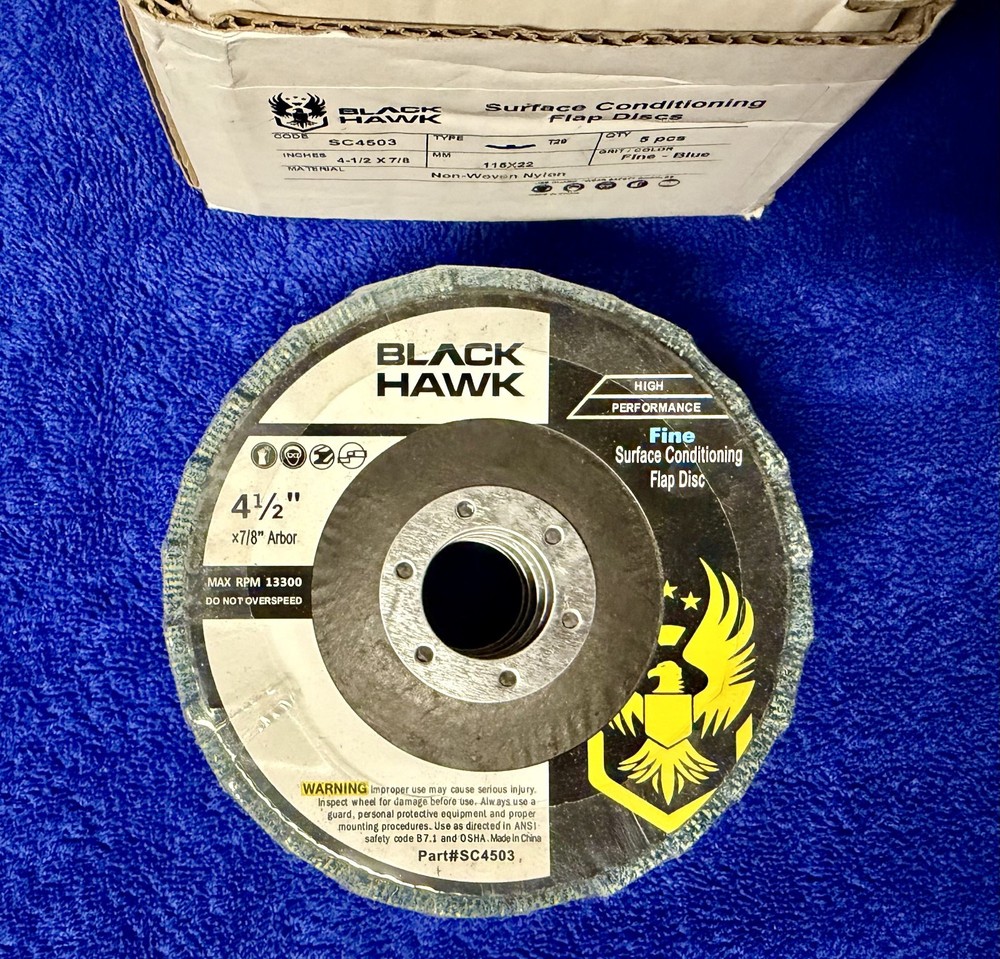 5 Pack - 4-1/2" x 7/8" Black Hawk Surface Conditioning Flap Discs, Blue - Fine